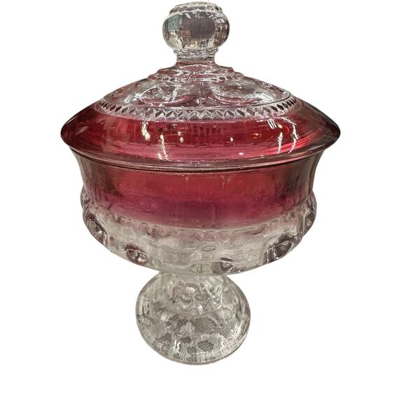 Vintage Cottage Jewelry Trinket Red Ruby Candy Dish Lid Thumbprint 8" - Picture 2 of 9